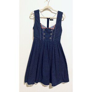 Glory Star Dress Womens Small Navy Blue Polka Dot Corset Pleated Retro Milkmaid